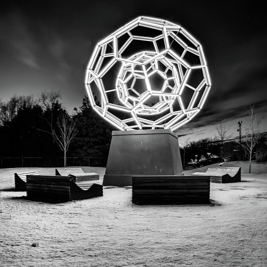 Buckey Ball C60 Light Sculpture - Bentonville Arkansas Black and White Photograph by Gregory Ballos