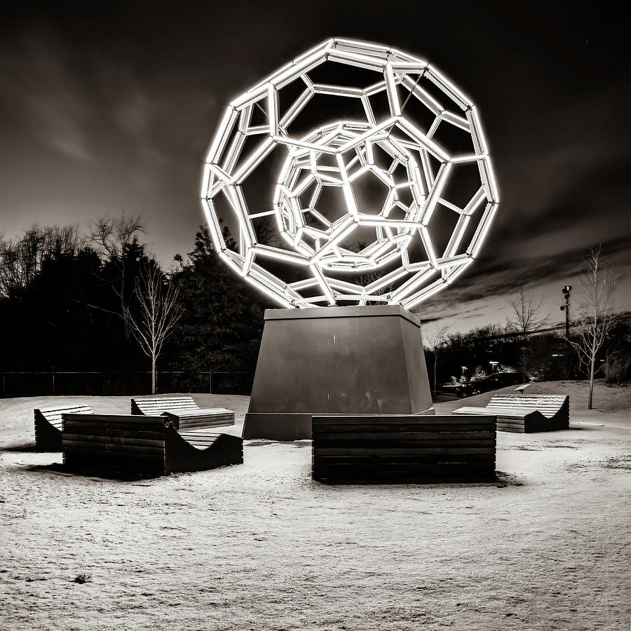 Buckey Ball C60 Light Sculpture - Bentonville Arkansas Sepia Photograph by Gregory Ballos