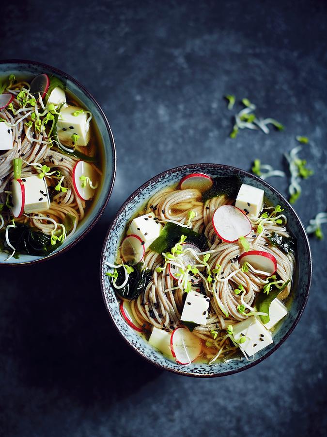 Buckwheat Noodle Soup With Tofu, Radishes, Black Sesame Seeds, Algae And Cress japan Photograph by Thorsten Kleine Holthaus