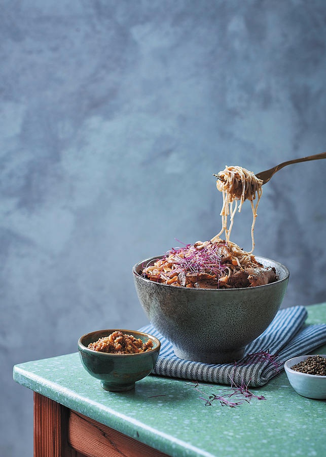 Buckwheat Noodles With Walnut Pesto, Chilli Mushrooms And Amaranth Photograph by Great Stock!