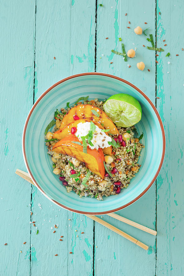 Buddha Bowl With Quinoa And Chickpea Salad, Grilled Pumpkin And Cottage Cheese Photograph by Jan Wischnewski