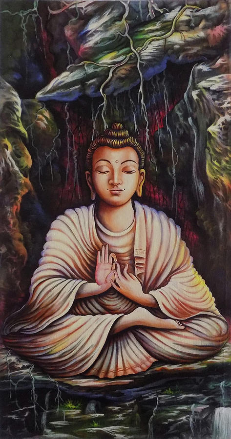 Buddha Drawing - Buddha Meditation In Cave by Asp Arts