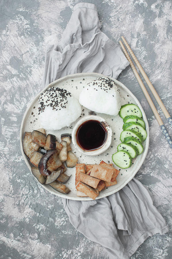 Buddha Plate - Onigiri, Fried Tofu, Cucumber, Fried Eggplant With Miso ...