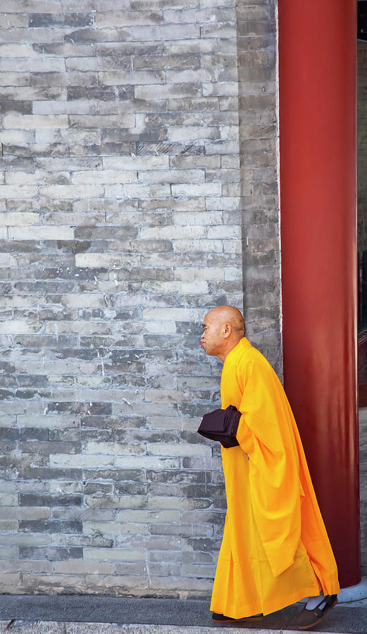 Buddhist monk outside Big Wild Goose Pagoda, Xian, Chnia Photograph by Karen Foley