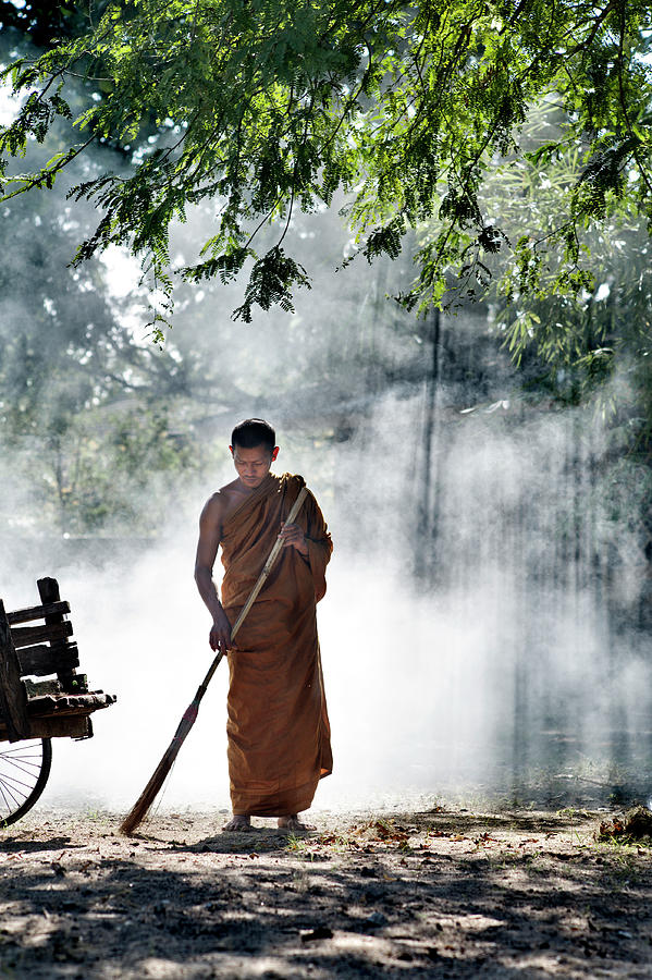 Buddhist Monk Sweeping Photograph by Oneclearvision