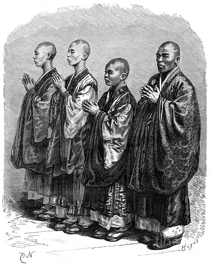 Buddhists In Prayer, Japan, 19th Drawing by Print Collector