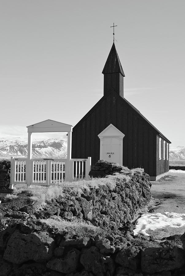Budir Black Church Entrance in Sunny Springtime Iceland Black and White Photograph by Shawn OBrien