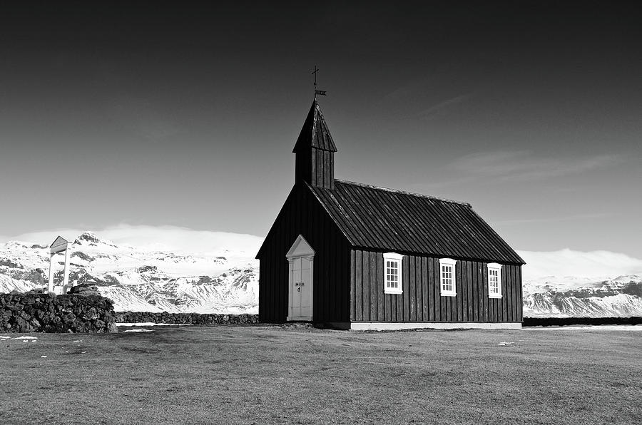 Budir Black Church in Sunny Springtime Iceland Black and White Photograph by Shawn OBrien