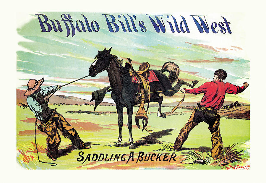 Buffalo Bill: Saddling a Bucker Painting by Calhoun Printing