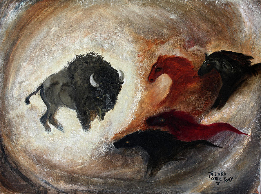 Buffalo and Horses Dream Painting by Barbie Batson