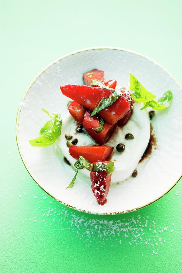 Buffalo Mozzarella With A Strawberry And Basil Salad Photograph by Michael Wissing