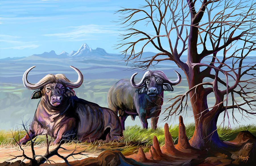 Nature Painting - Buffaloes and the Mountain by Anthony Mwangi