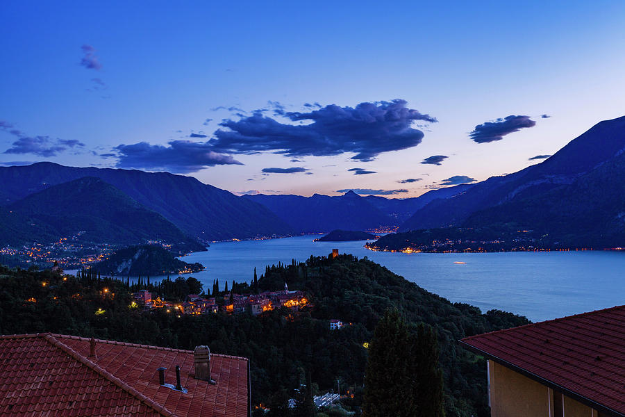 Nature Digital Art - Buildings Illuminated In The Evening By Lake Como, Varenna, Italy by Francesco Meroni