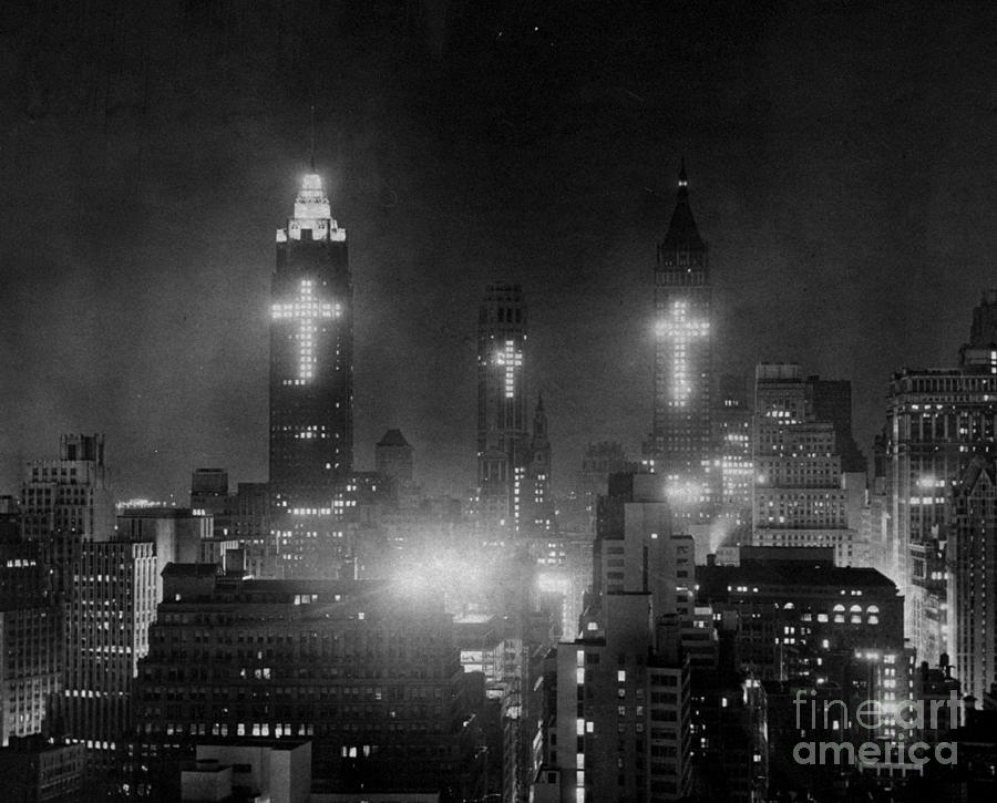 Buildings With Lighted Crosses To Honor Photograph by New York Daily News Archive
