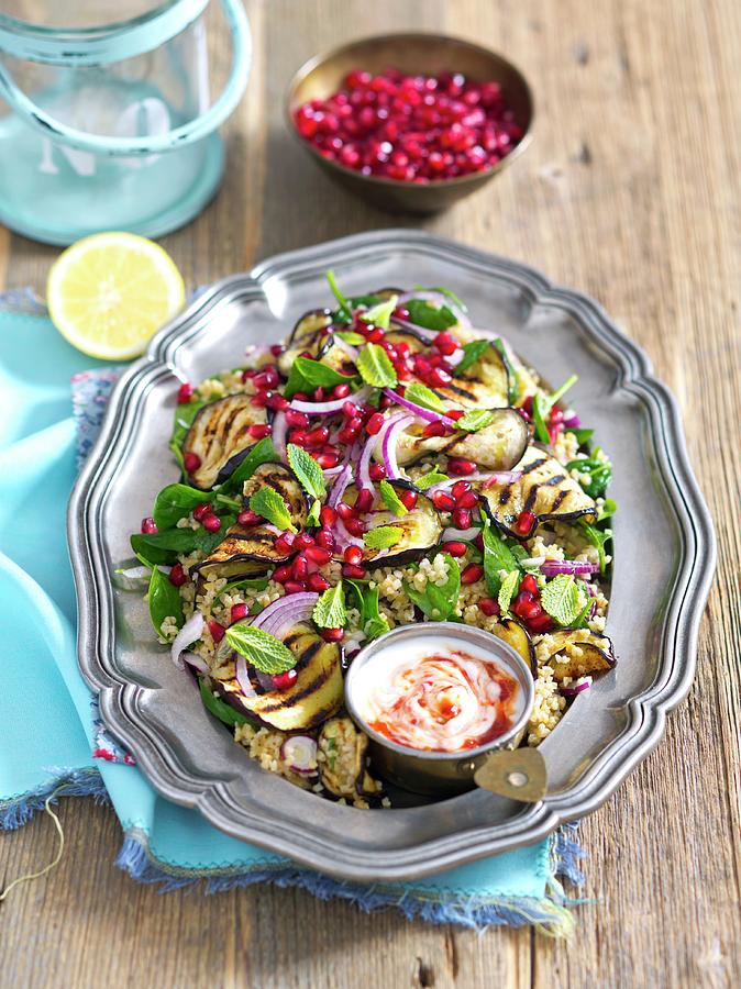 Bulgur Salad With Grilled Aubergines, Onions, Mint And Pomegranate Seeds Photograph by Rua Castilho