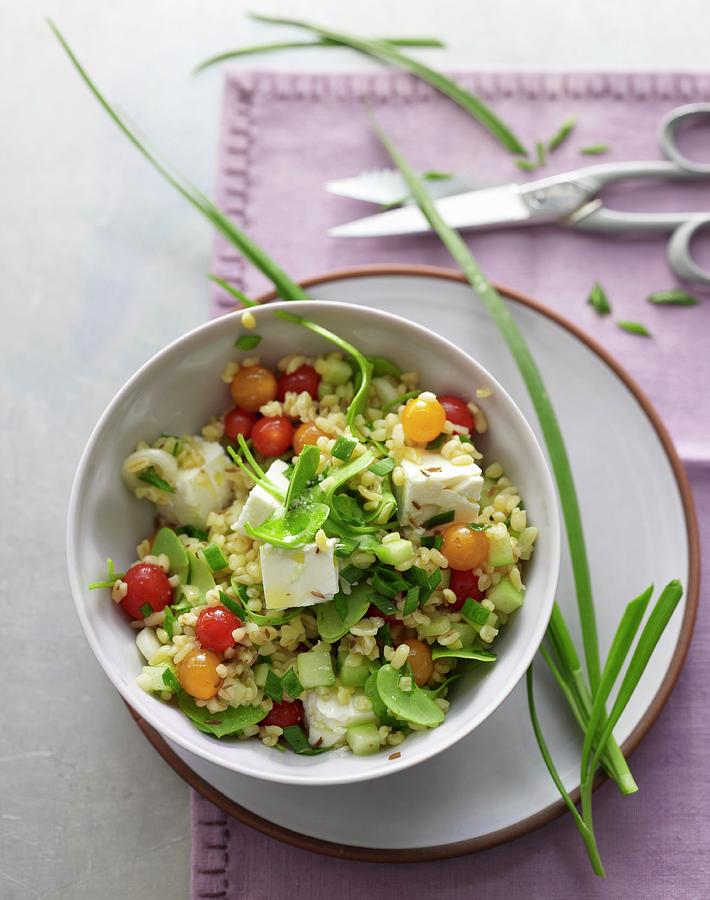 Bulgur Salad With Purslane, Garlic Chives, Spring Onions And Redcurrant Tomatoes In An Apple Dressing Photograph by Jan-peter Westermann