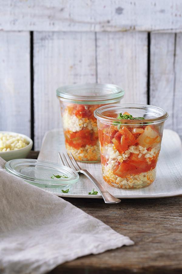 Bulgur Wheat With Letscho peppers In Tomato Sauce In Glass Jars Photograph by Zita Csig