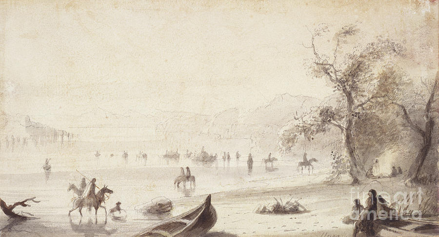 Boat Painting - Bull Boating Across The Platte, C.1837 by Alfred Jacob Miller