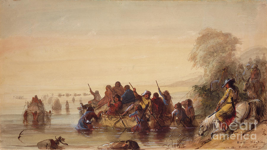 Boat Painting - Bull Boating On The Platte River, C.1837 by Alfred Jacob Miller