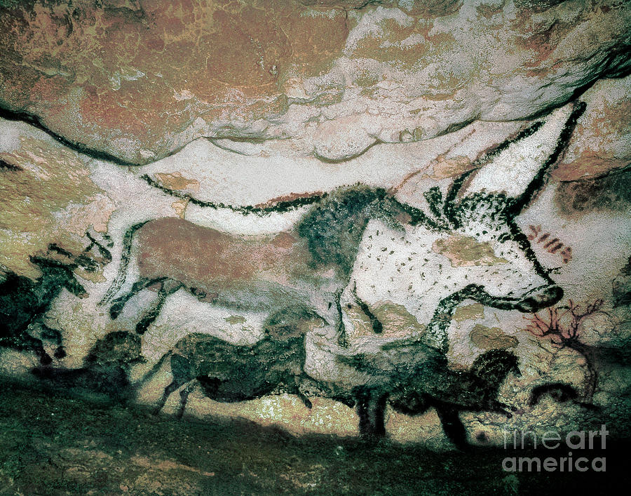 Prehistoric Painting - Bull, With Deer And Horse, Upper Paleolithic, From The Cave Of Lascaux, France, C.17.000-15.000 Bc by Prehistoric