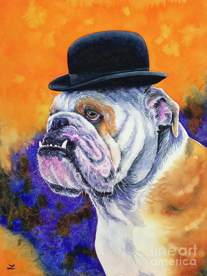 English Bulldog Painting - Bulldog in Derby Hat by Zaira Dzhaubaeva