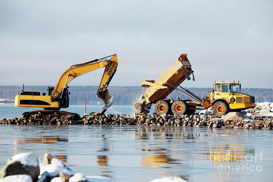 Transportation Photograph - Bulldozer Excavating Along Coast by Christian Lagerek/science Photo Library