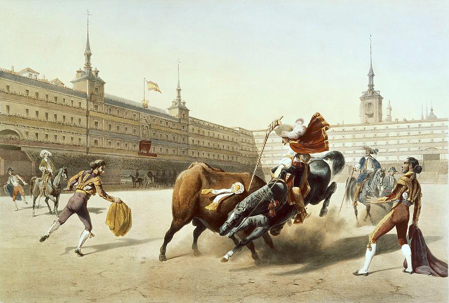 Bullfighting In The Plaza Mayor Of Madrid-19th Centiry-lithography-spanish Romanticism. Painting by Blanchard