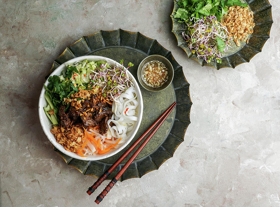 Bun Bo Nam Bo - Vietnamese Noodle Salad With Beef, Rice Noodles, Fresh Herbs, Pickled Vegetables And Fish Sauce Photograph by Julia Bogdanova