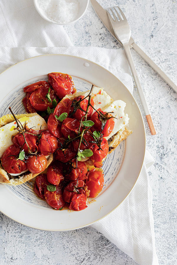 Bun Toast, Robbiola And Confit Tomatoes On The Vine Photograph by Lilia Jankowska