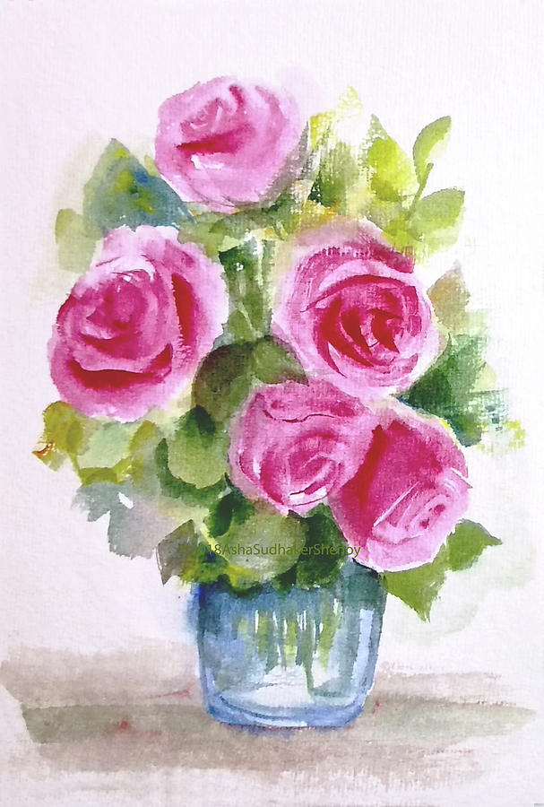 Bunch of five pink roses Painting by Asha Sudhaker Shenoy