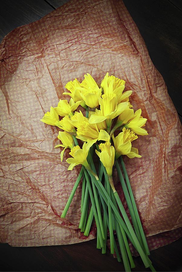 Bunch Of Fresh Daffodils On Brown Paper Seen From Above Photograph by Katharine Pollak