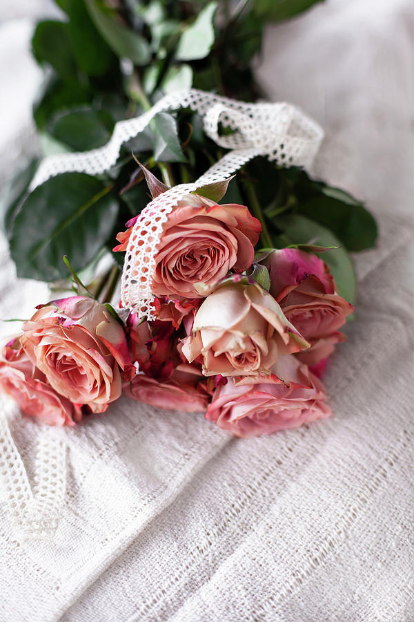 Bunch Of Roses Tied With Lace Ribbon Photograph by Alicja Koll