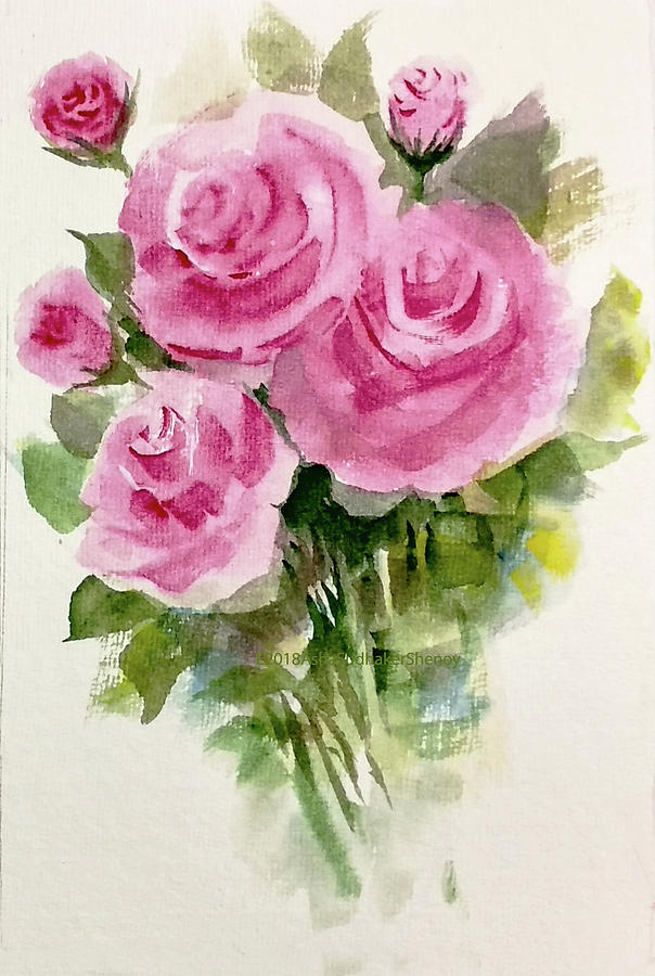 Bunch of three roses and buds Painting by Asha Sudhaker Shenoy
