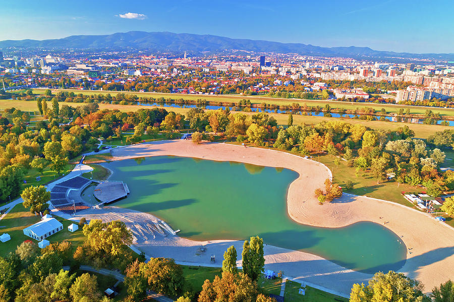 Bundek lake and city of Zagreb aerial autumn view Photograph by Brch Photography
