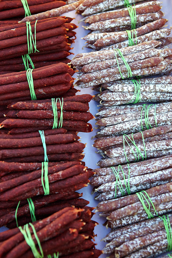 Meat Digital Art - Bundles And Rows Of Saucisson On Market Stall, St Tropez, Cote Dazur, France by Maria Fuchs