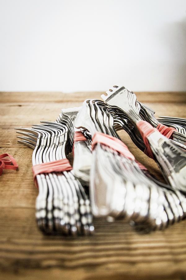 Bundles Of Forks Held Together With Rubber Bands Photograph by Dan Lev