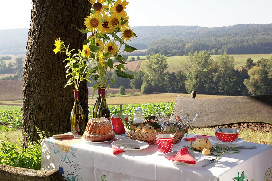 Bundt Cake And Sunflowers On Table Set For Afternoon Coffee With View Of Landscape Photograph by Angela Francisca Endress