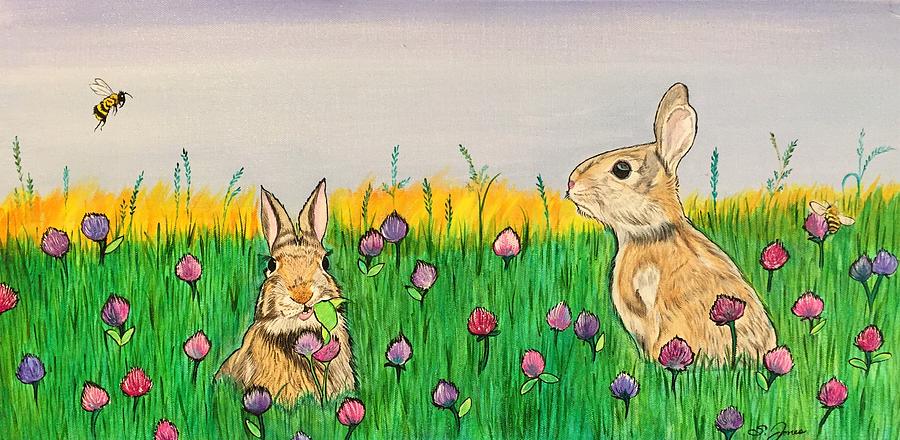 Bunnies in Clover Painting by Sonja Jones