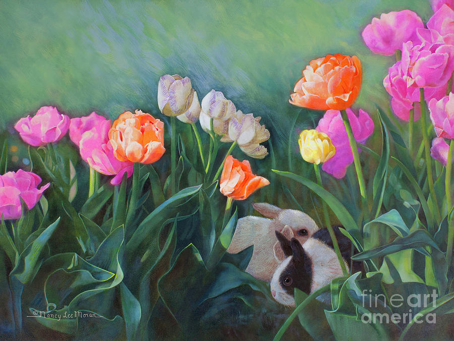 Bunnies in the Blooms Painting by Nancy Lee Moran