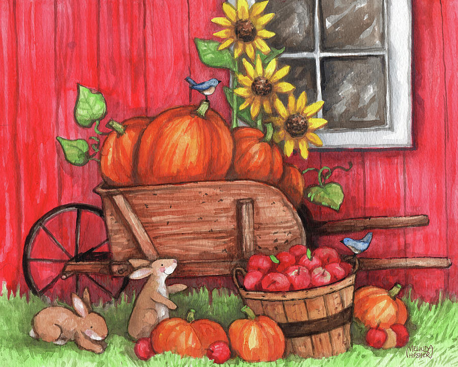 Pumpkins Painting - Bunnies Pumpkins And Red Barn Autumn by Melinda Hipsher