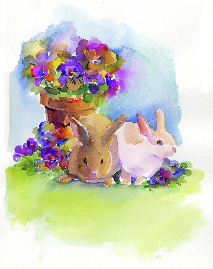 Bunnies With Pansies, 2014 Watercolor Painting by John Keeling