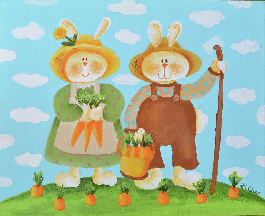 Easter Painting - Bunny Carrot Farmers by Pat Olson Fine Art And Whimsy