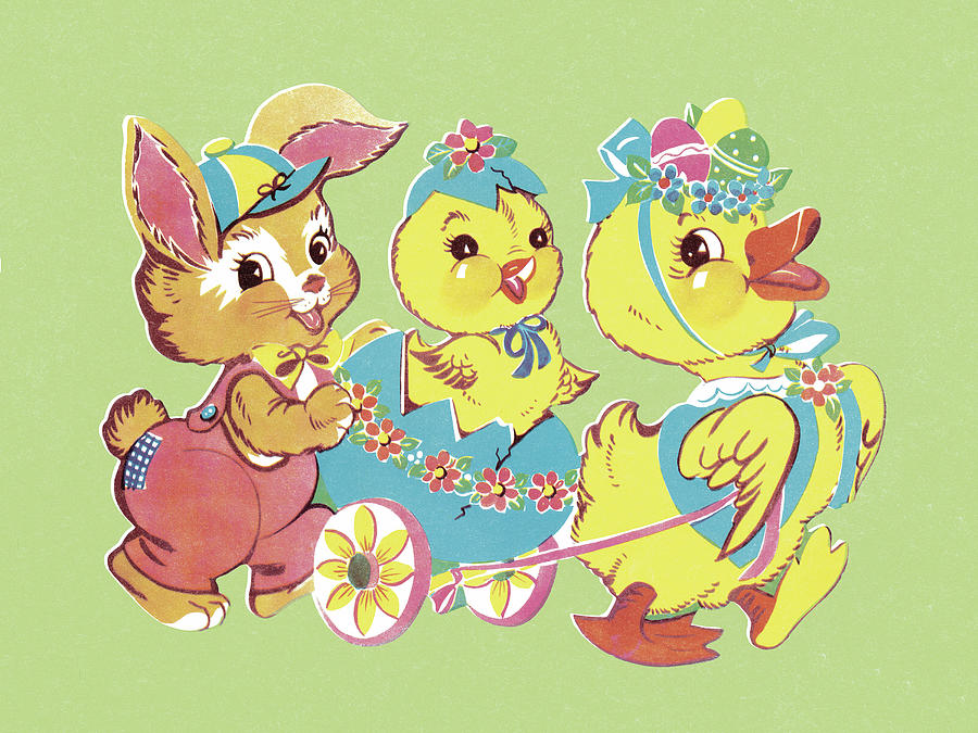 Chicken Drawing - Bunny, Chick and Duck by CSA Images