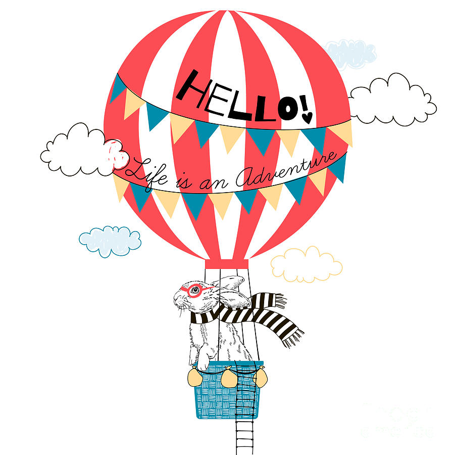 Fancy Digital Art - Bunny Flying In Air Balloon, Animal by Olga angelloz Fancy Digital Art - Bunny Flying In Air Balloon, Animal by Olga angelloz