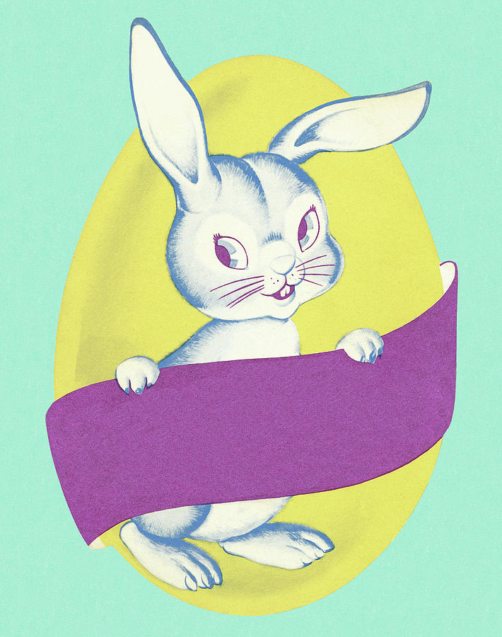 Easter Drawing - Bunny Holding Blank Banner by CSA Images