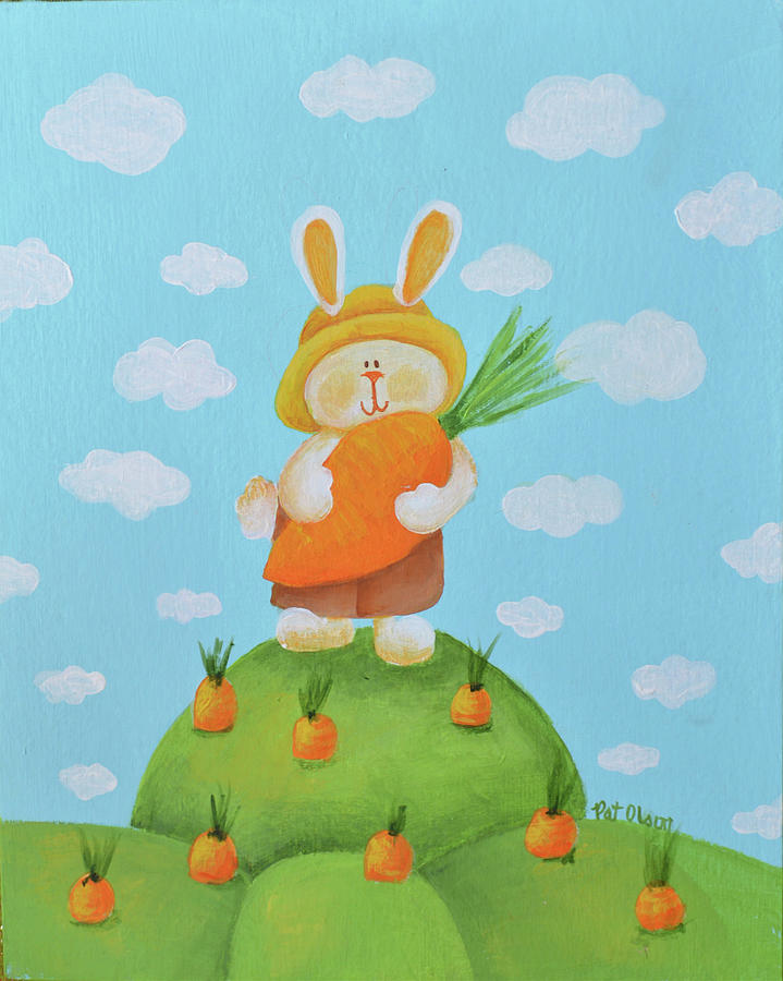 Easter Painting - Bunny In Hat With Carrot by Pat Olson Fine Art And Whimsy
