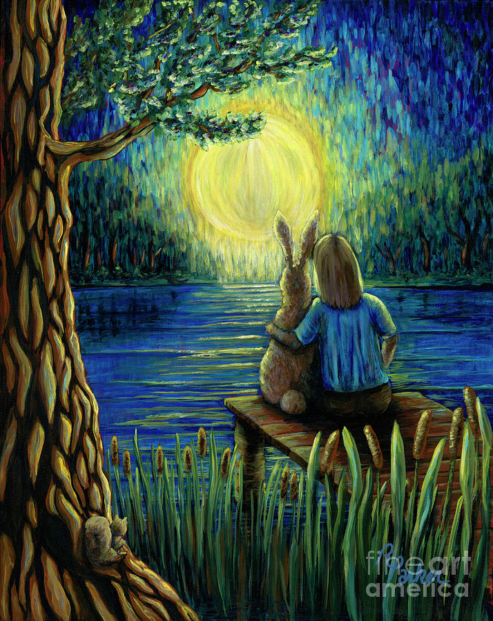 Bunny Love Series, Watching the Moon Painting by Rebecca Parker