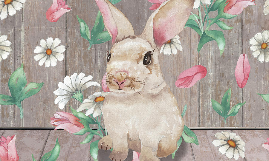 Spring Mixed Media - Bunny With Spring Florals by Elizabeth Medley