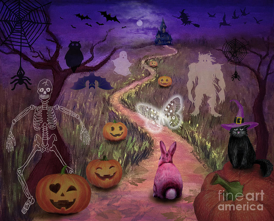 Bunnys Halloween Trail Mixed Media by Yoonhee Ko