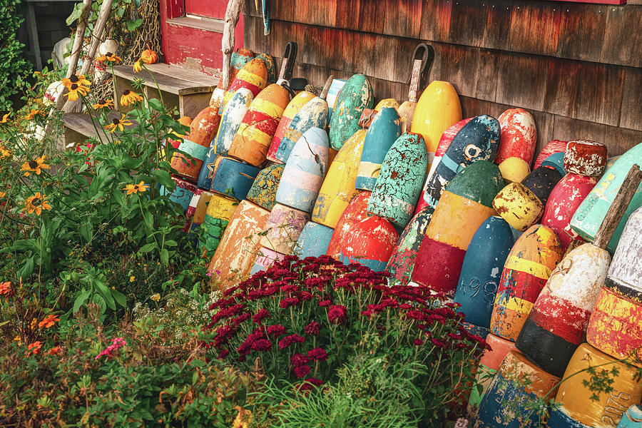 America Photograph - Buoys on a Fishing Shack - New England by Gregory Ballos